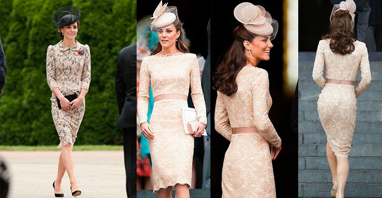Princesa Kate Middleton usando vestido de renda claro