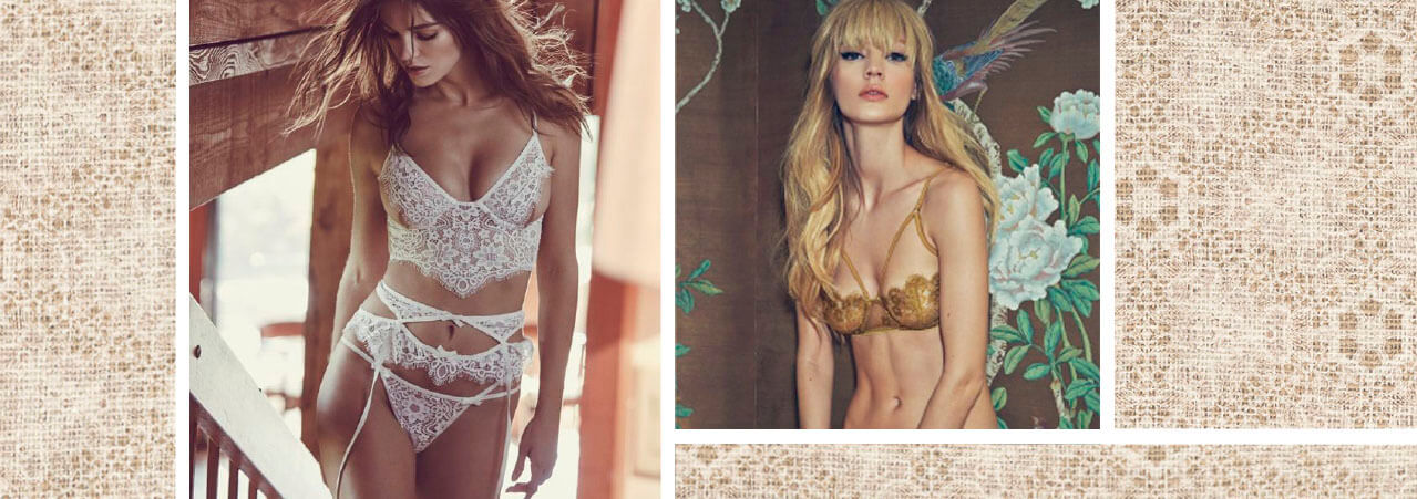 Duas modelos com lingerie branca e dourada