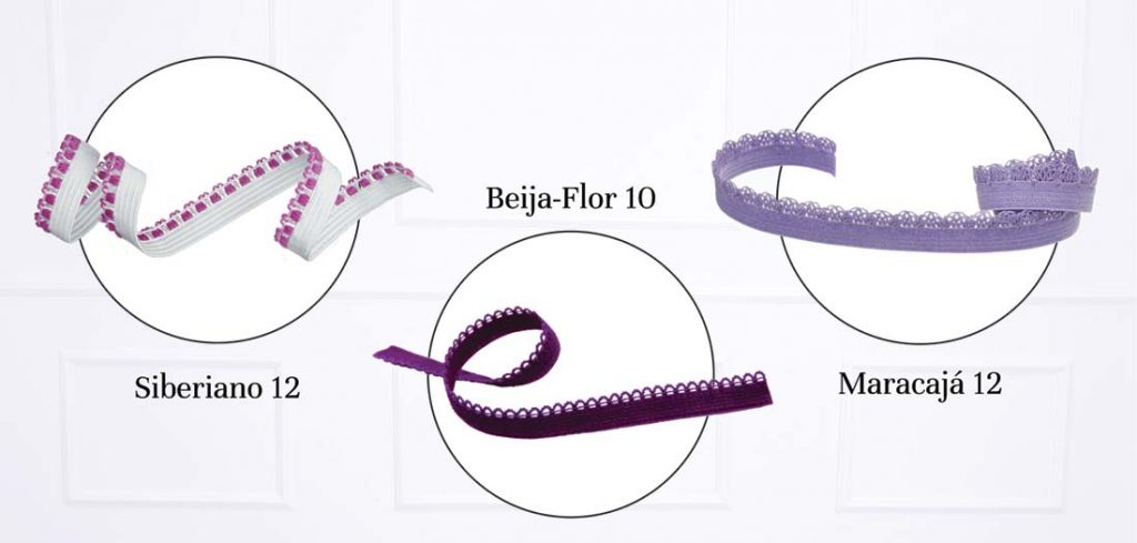 três círculos com os bicos Siberiano, Beija-flor e Maracaja, um dos tipos de elásticos comercializados pela Zanotti