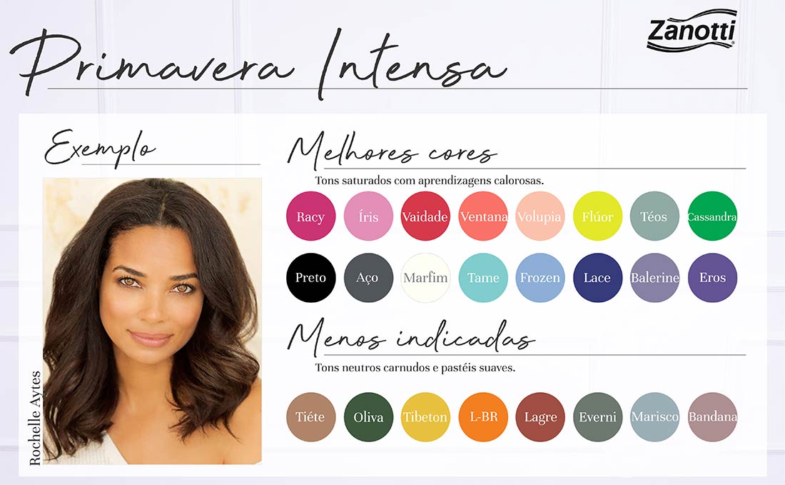cartela de cores e exemplo de mulher que possui a coloração pessoal na paleta primavera intensa