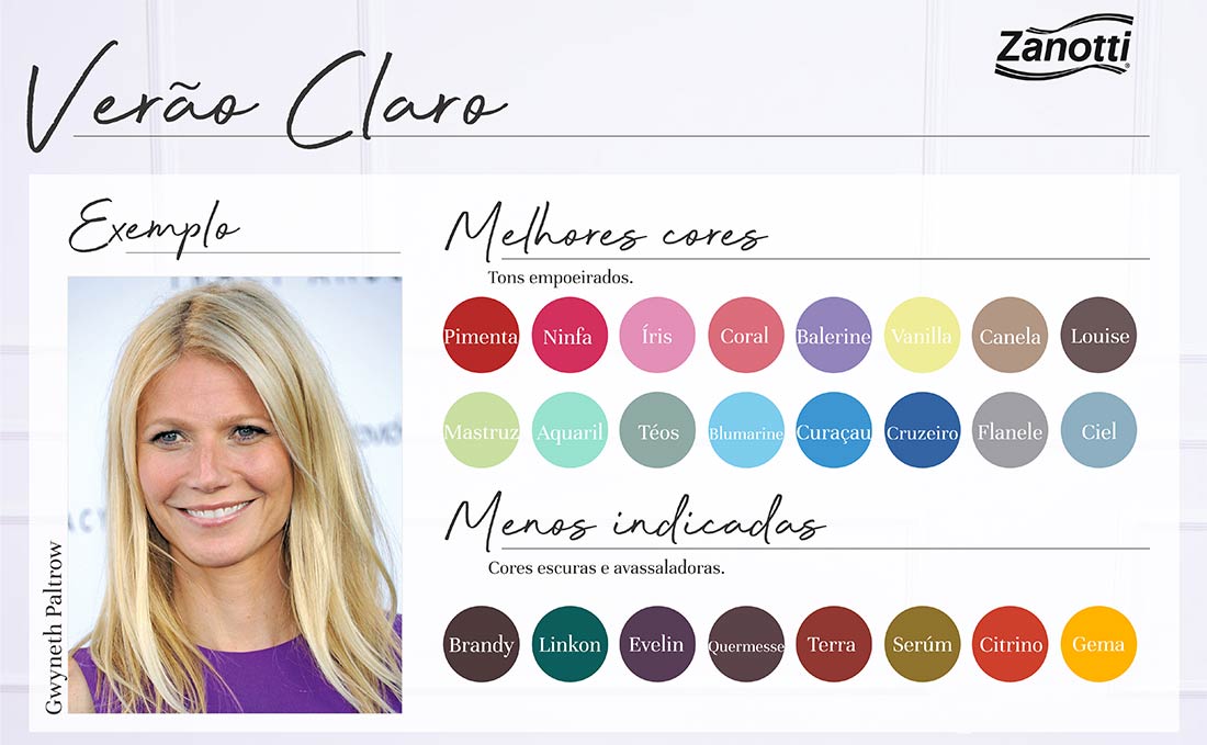 cartela de cores e exemplo de mulher que possui a coloração pessoal na paleta verão claro