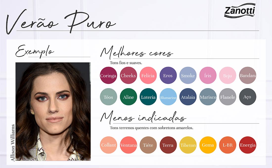 cartela de cores e exemplo de mulher que possui a coloração pessoal na paleta verão puro