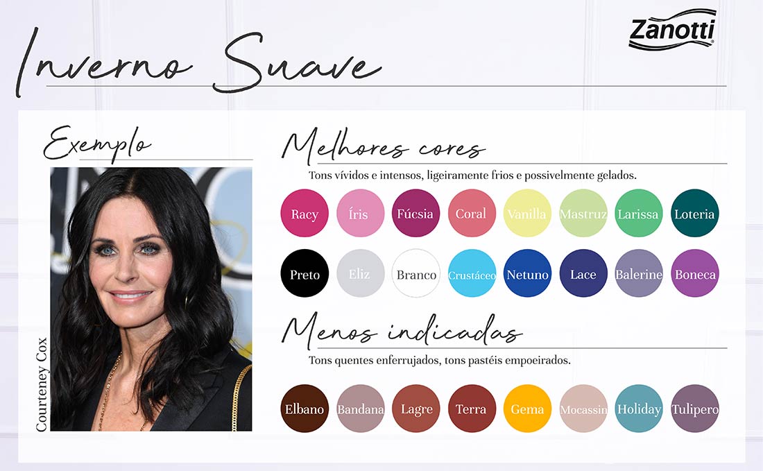 cartela de cores e exemplo de mulher que possui a coloração pessoal na paleta inverno suave