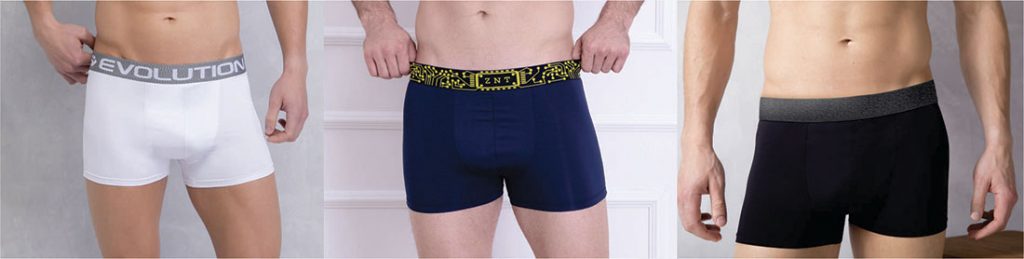 três fotos de homens usando cueca boxer, um dos modelos de cuecas mais usados