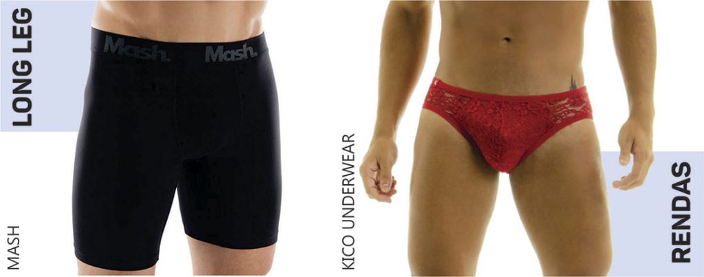 montagem de duas fotos com homens utilizando modelos de cueca long leg e com renda