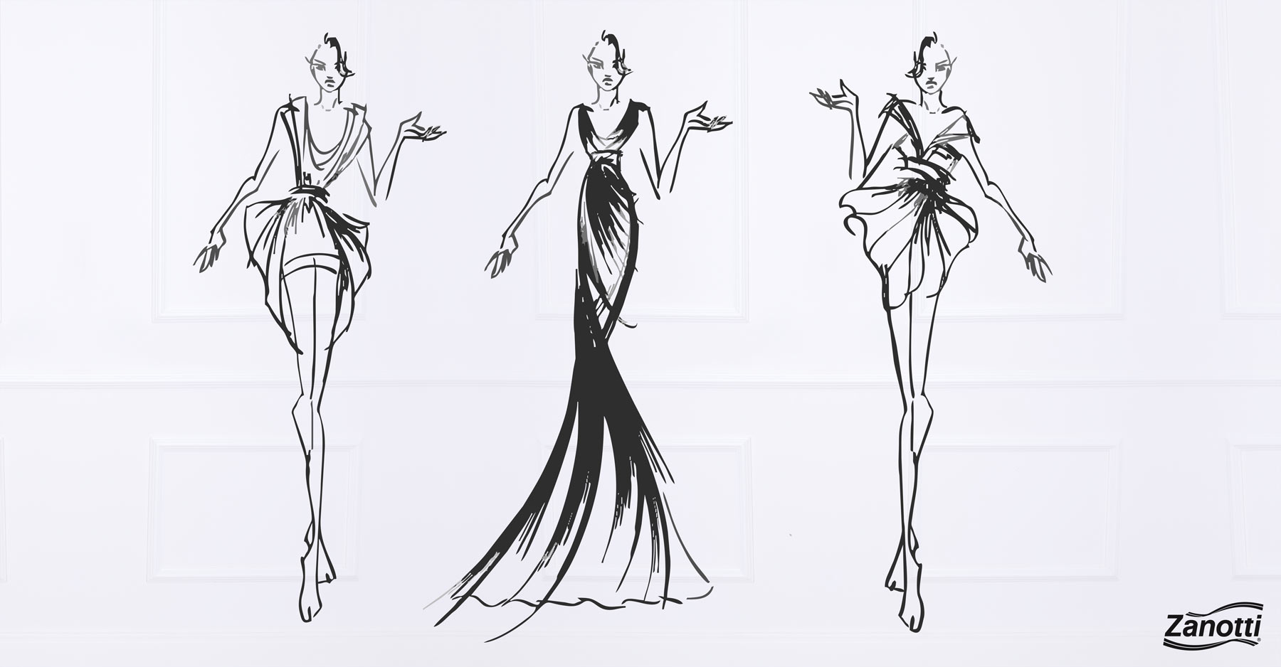 desenho de três ilustrações de roupas em um croqui de moda