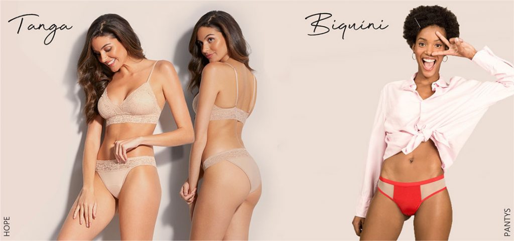 três mulheres usando calcinha absorvente, duas com o modelo tanga e uma com o modelo biquíni