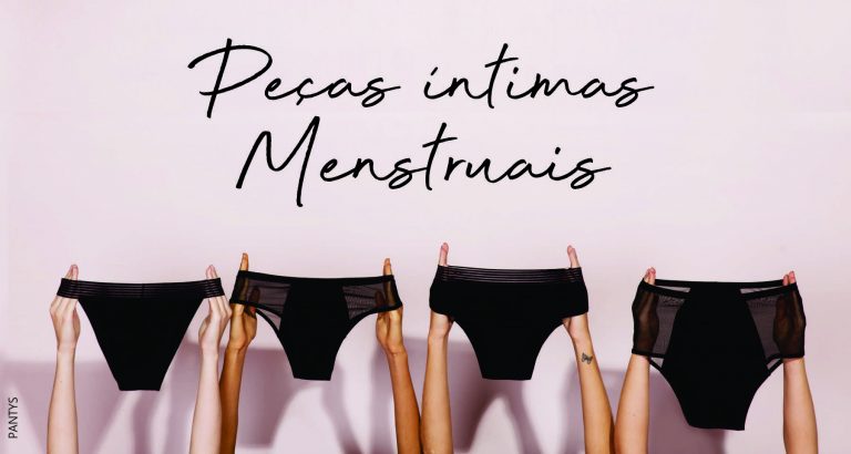 quatro modelos diferentes de calcinha menstrual, na imagem aparece o texto "peças íntimas menstruais"
