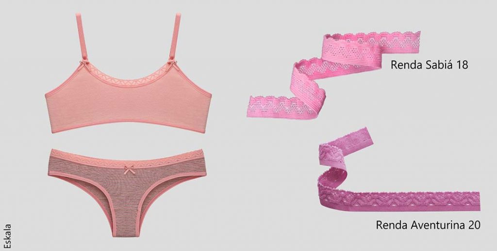 montagem com um conjunto de sutiã e calcinha infantil e as rendas da Zanotti que podem ser usadas na confecção de moda íntima infantil