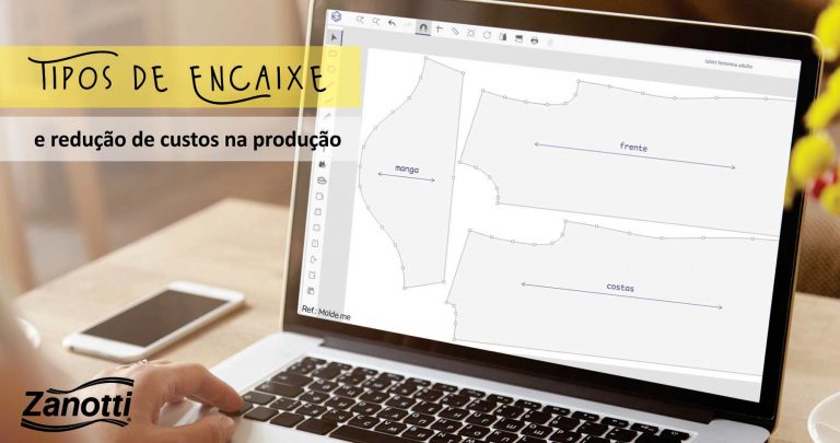 notebook aberto com moldes na tela e o texto tipos de encaixe e coo reduzir custos na produção
