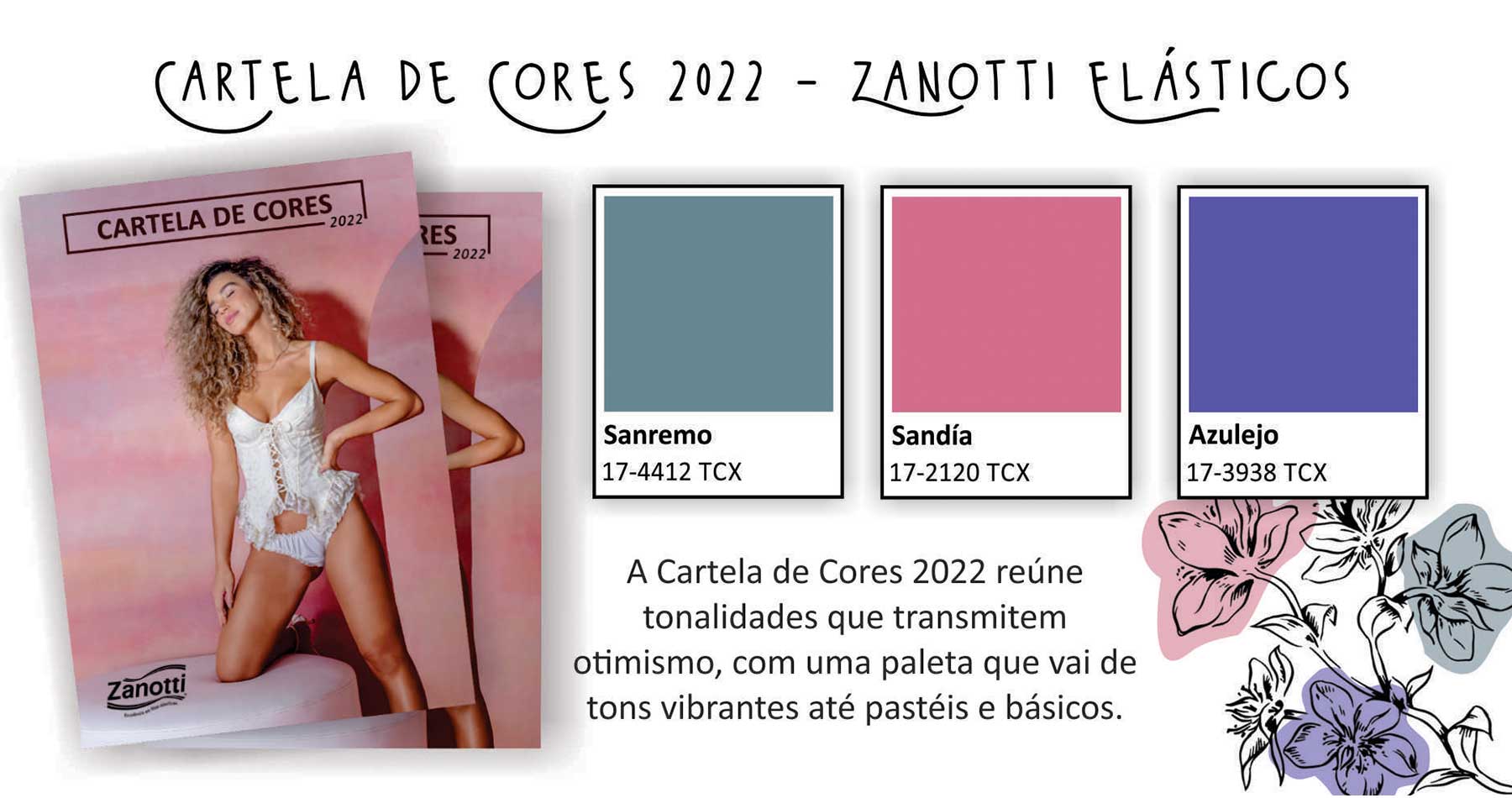 imagem contendo uma foto da cartela de cores da Zanotti, além das três cores lançamento da cartela de cores 2022