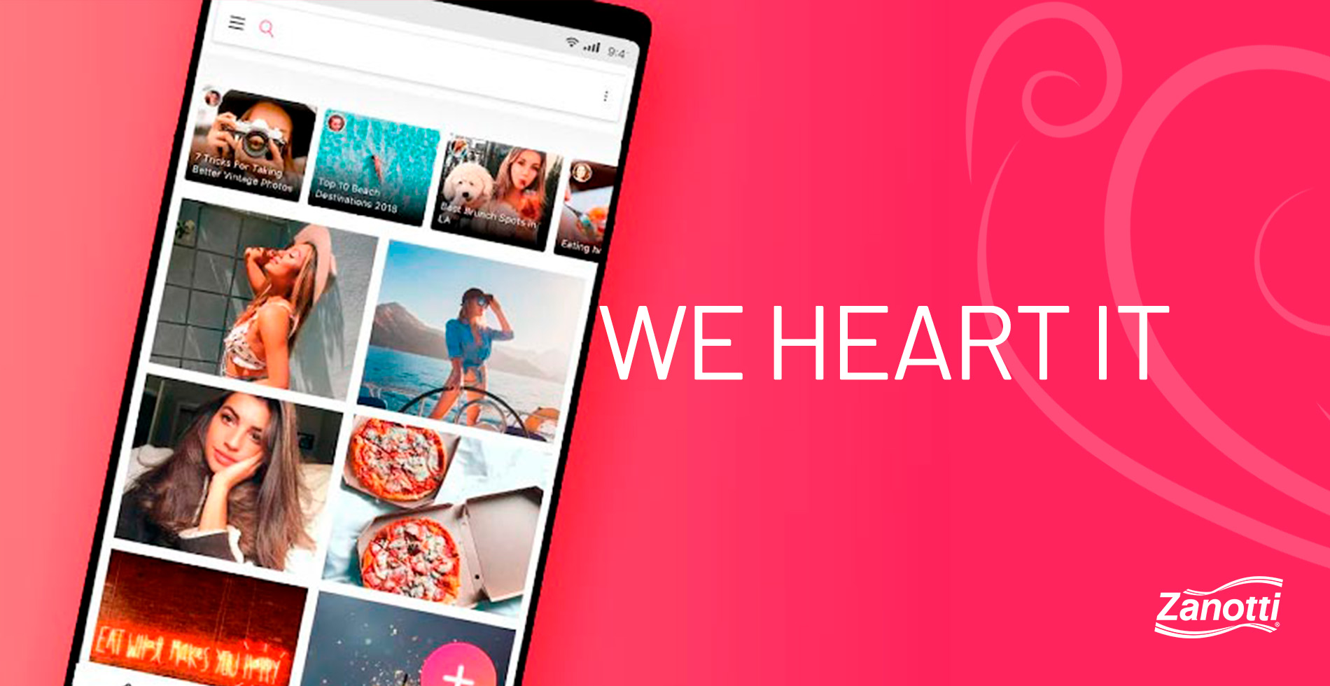 imagem com fundo rosa e com um celular aberto no aplicativo We Heart It, um dos aplicativos para estilista mencionados no conteúdo