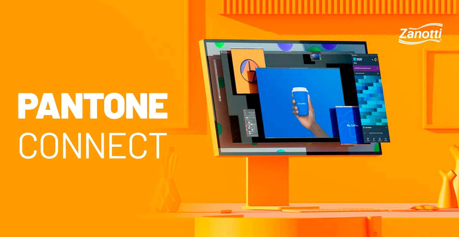 imagem de fundo laranja com um computador a frente, com o aplicativo Pantone Connect aberto