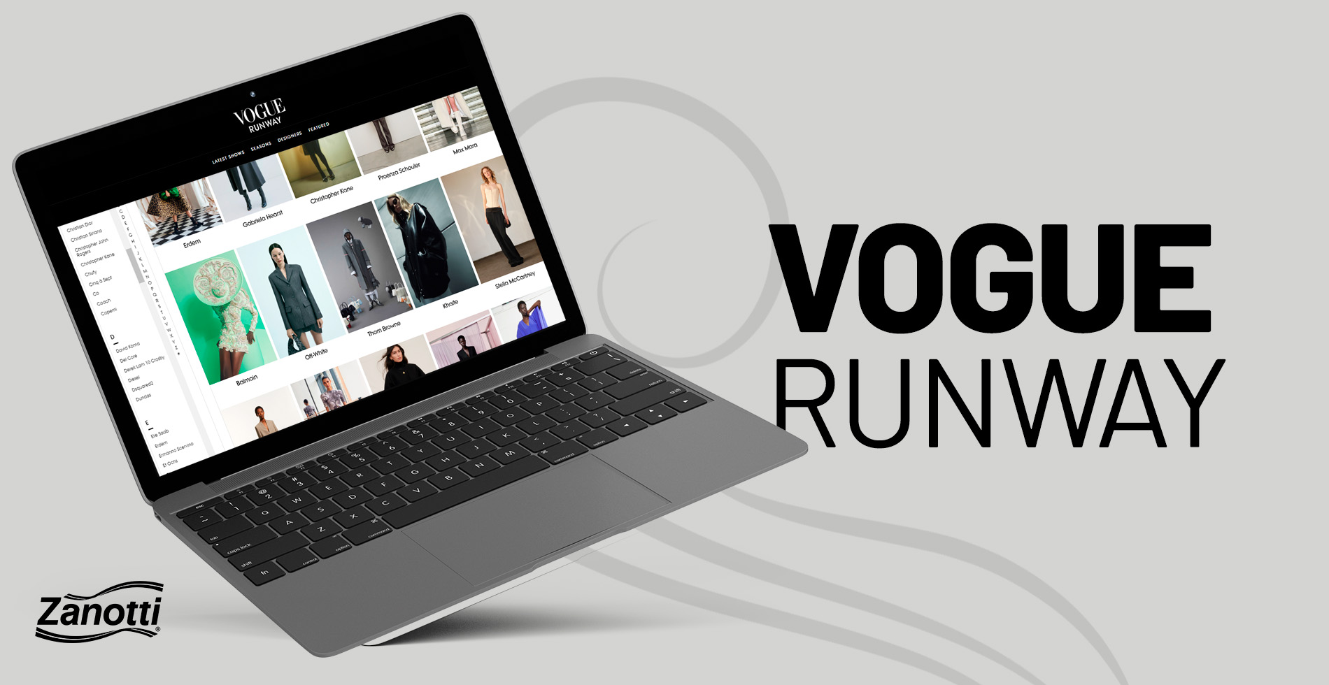 Notebook aberto no aplicativo Vogue Runway, um dos melhores aplicativos para estilistas com várias tendências de moda