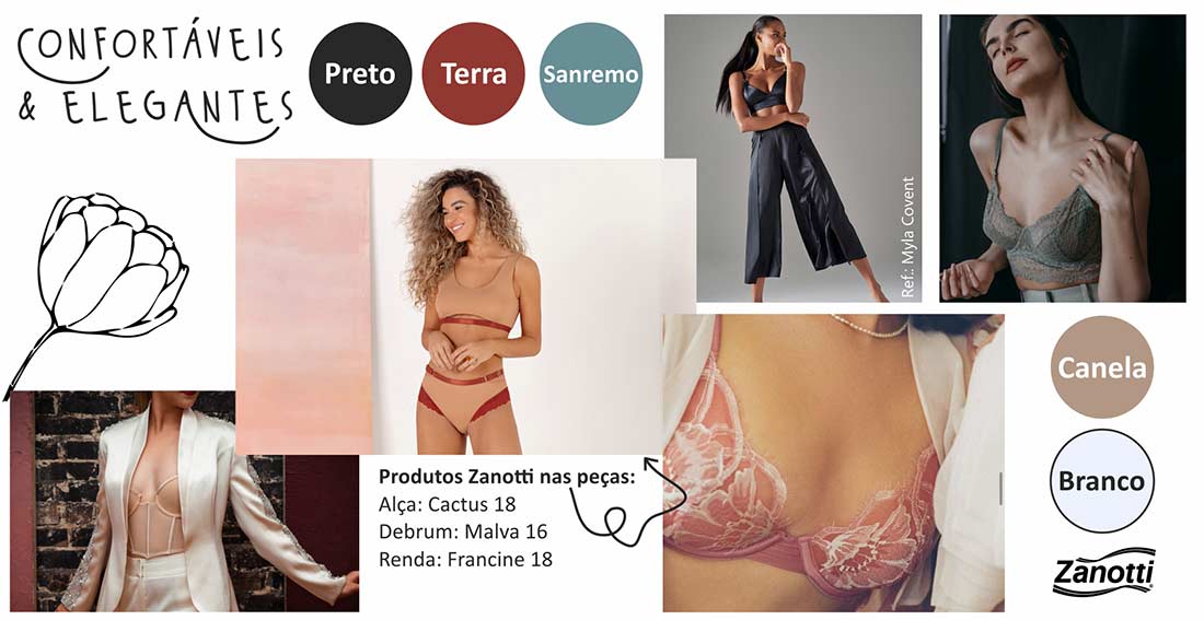 mooboard com imagens de lingeries de festa confortáveis e elegantes, além de sugestão de cores e indicação de uso dos produtos da Zanotti