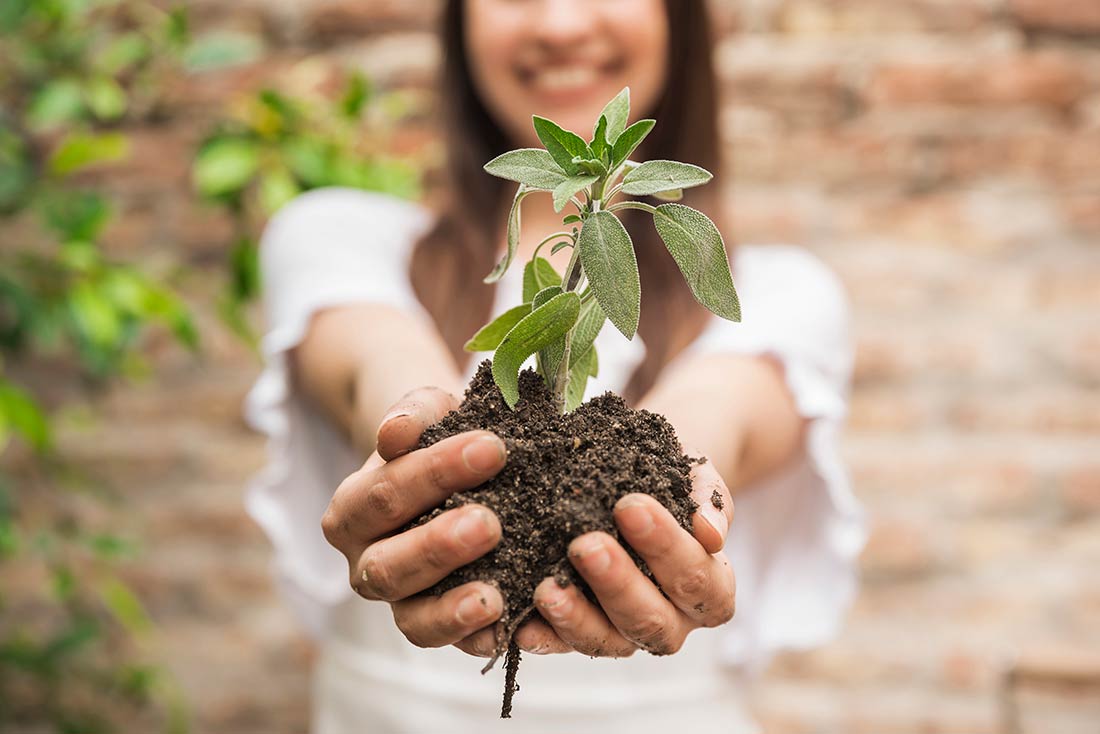 Mulher segurando muda de planta para representar a sustentabilidade presente no seasonless fashion