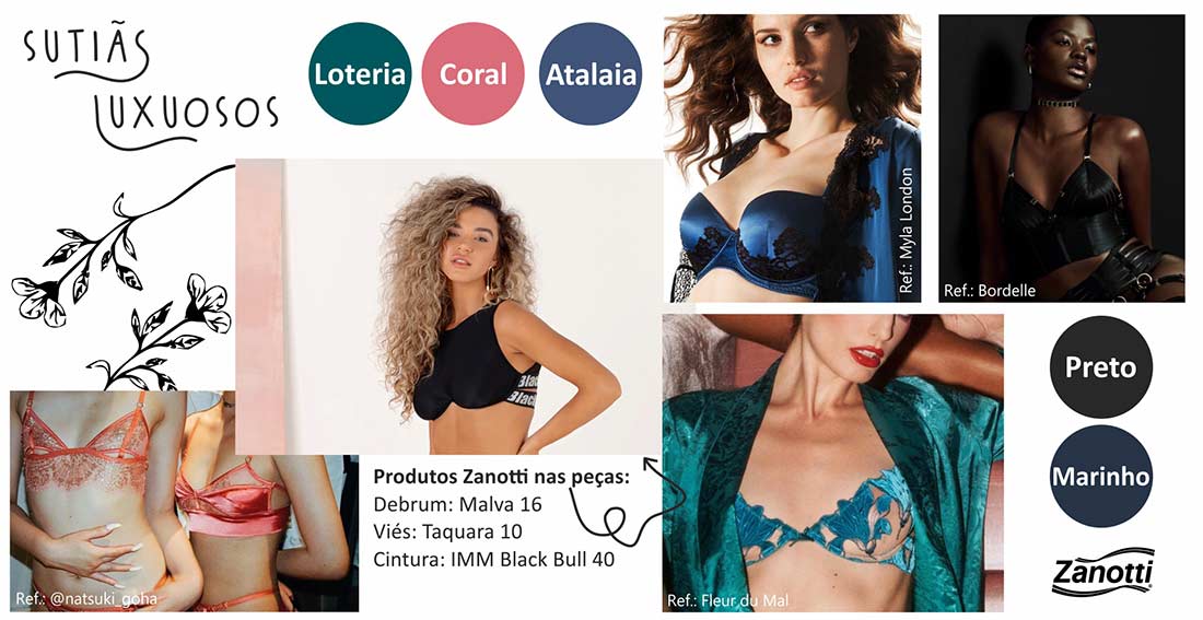 moodboard com imagens de sutiãs luxuosos, um dos tipos de lingeries de festa, além de indicação de cores e de produtos Zanotti