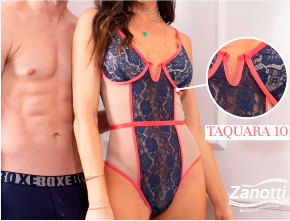fotos de dois modelos de moda íntima, com foco na aplicação do viés Taquara 10 em um body com renda