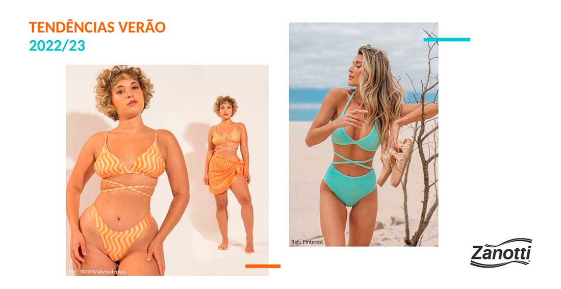 montagem com duas fotos de mulheres usando biquínis com amarrações, tendência de moda praia 2023