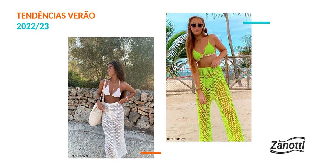 montagem com duas imagens de mulheres usando calça de crochê, uma das tendências da moda praia 2023