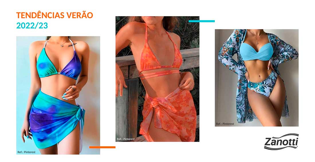 colagem com três fotos de mulheres usando biquínis estilo conjuntinho, uma das tendências da moda praia 2023