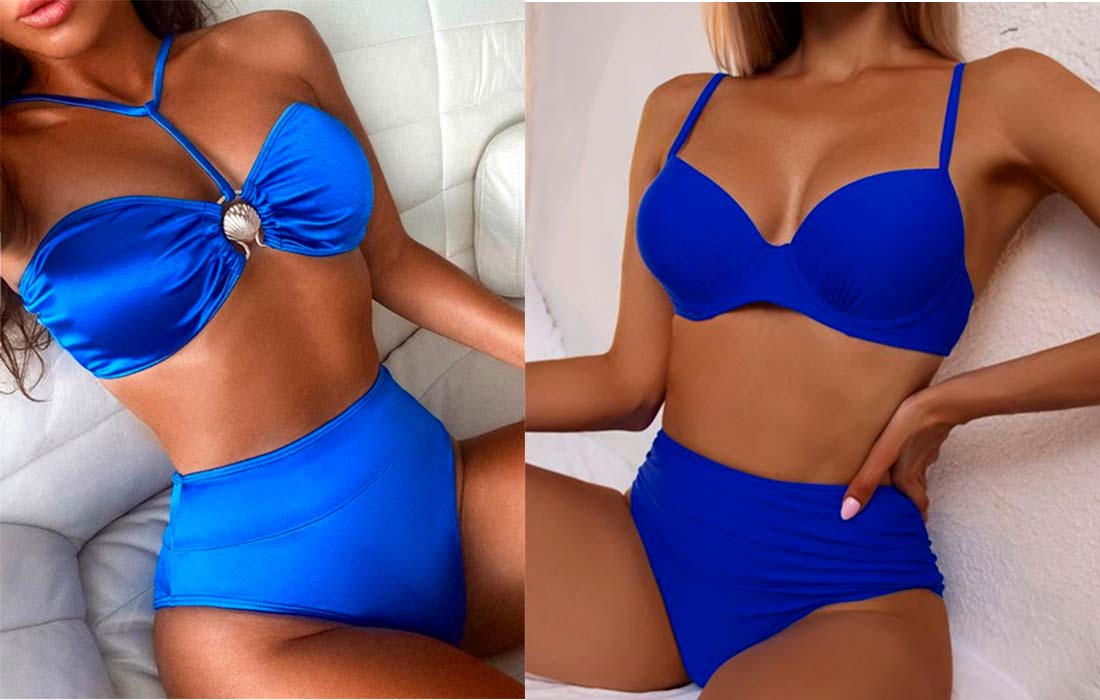 montagem com duas fotos de mulheres usando calcinha de cintura alta na cor azul, ideal para compor looks com lingerie para a copa do mundo