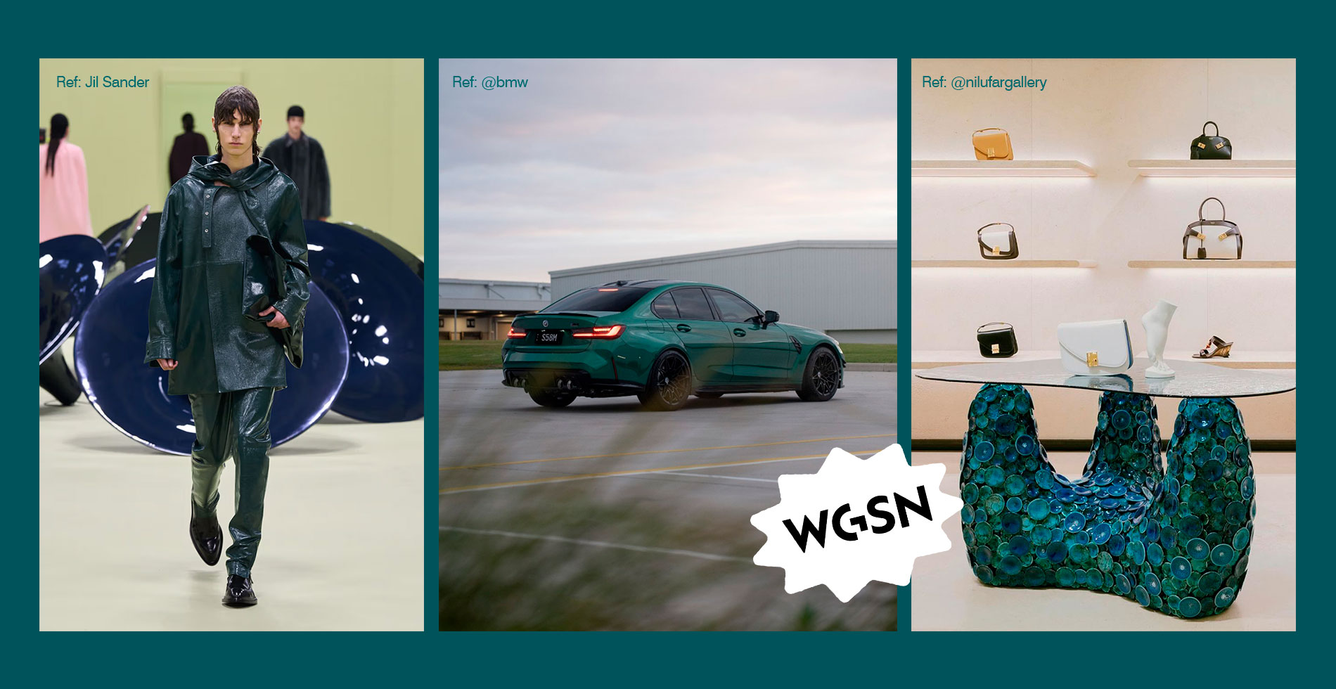 Fotos pesquisa da WGSN mostrando a cor Transformative Teal aplicada em roupas, carros e decoração.