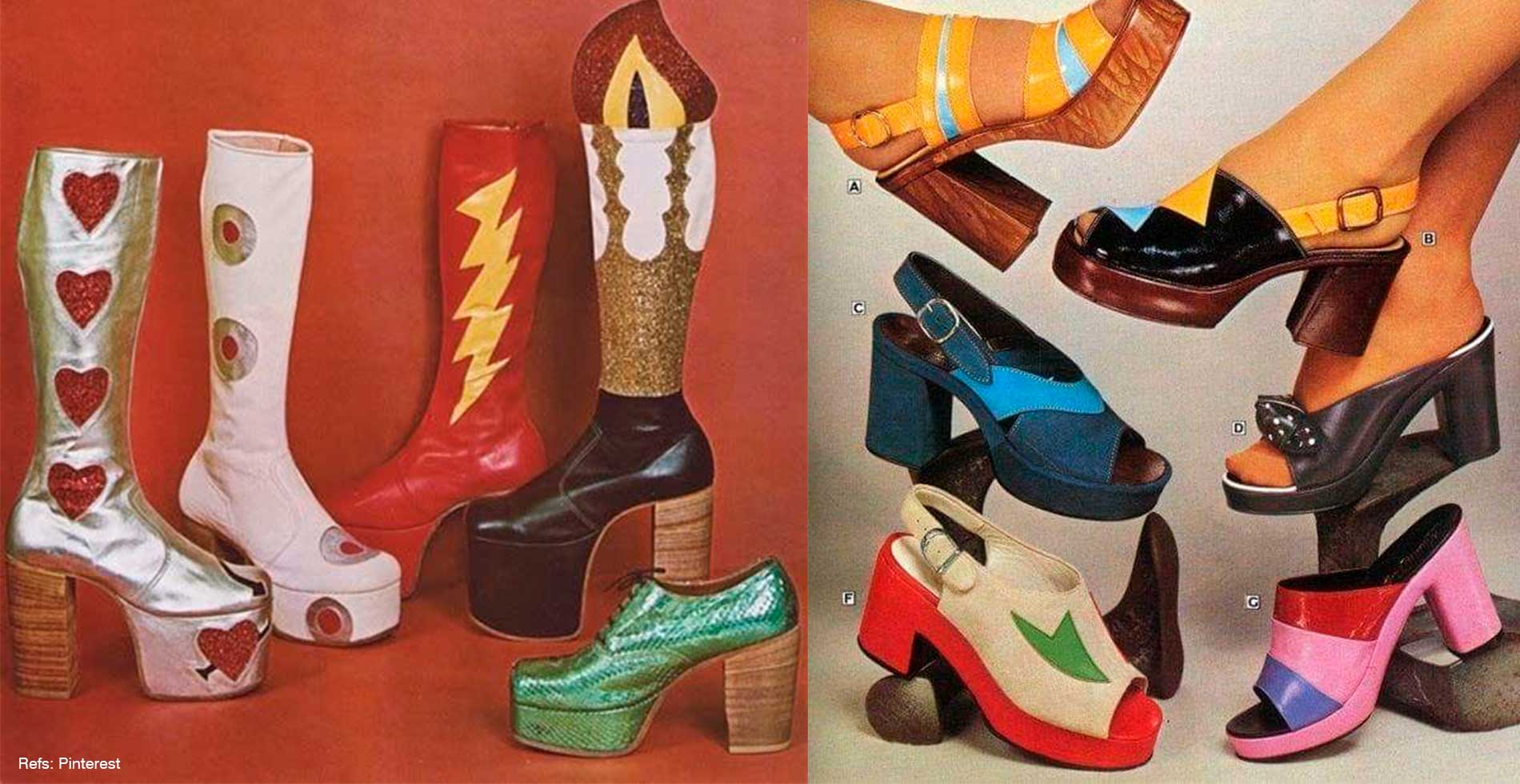 sapatos e botas cano alto e plataforma dos anos 70